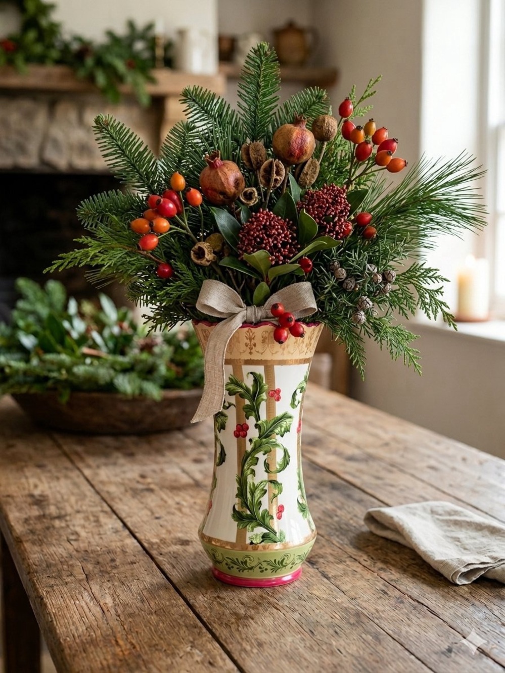 Vintage LAURA ASHLEY Home FTD Christmas Holiday 9" Vase Red Holly Berries Leaves